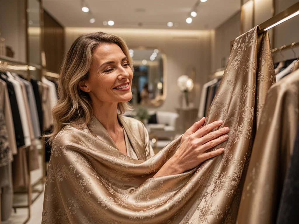 Kobieta dotykająca jedwabnej tkaniny w eleganckim butiku, ilustrująca oddziaływanie marketingu sensorycznego na zmysły.