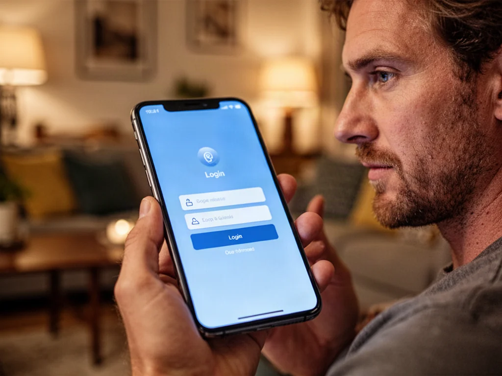 Mężczyzna trzymający smartfon z widocznym ekranem logowania do aplikacji w przytulnym salonie.