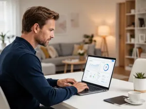 Mężczyzna pracujący przy laptopie w nowoczesnym biurze domowym, korzystający z usług online.