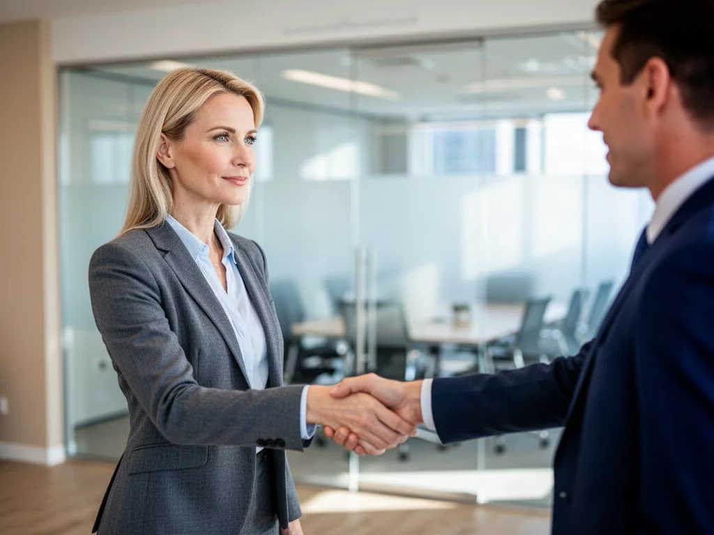 Bizneswoman w nowoczesnym biurze ściskająca dłoń współpracownika, co symbolizuje budowanie trwałych relacji zawodowych.