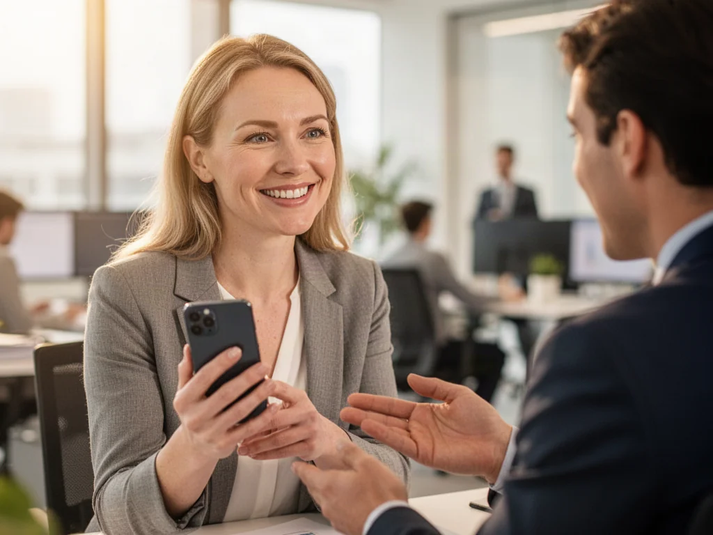 Uśmiechnięta kobieta w nowoczesnym biurze dzieli się pozytywną opinią przez smartfon, ilustrując marketing rekomendacyjny.