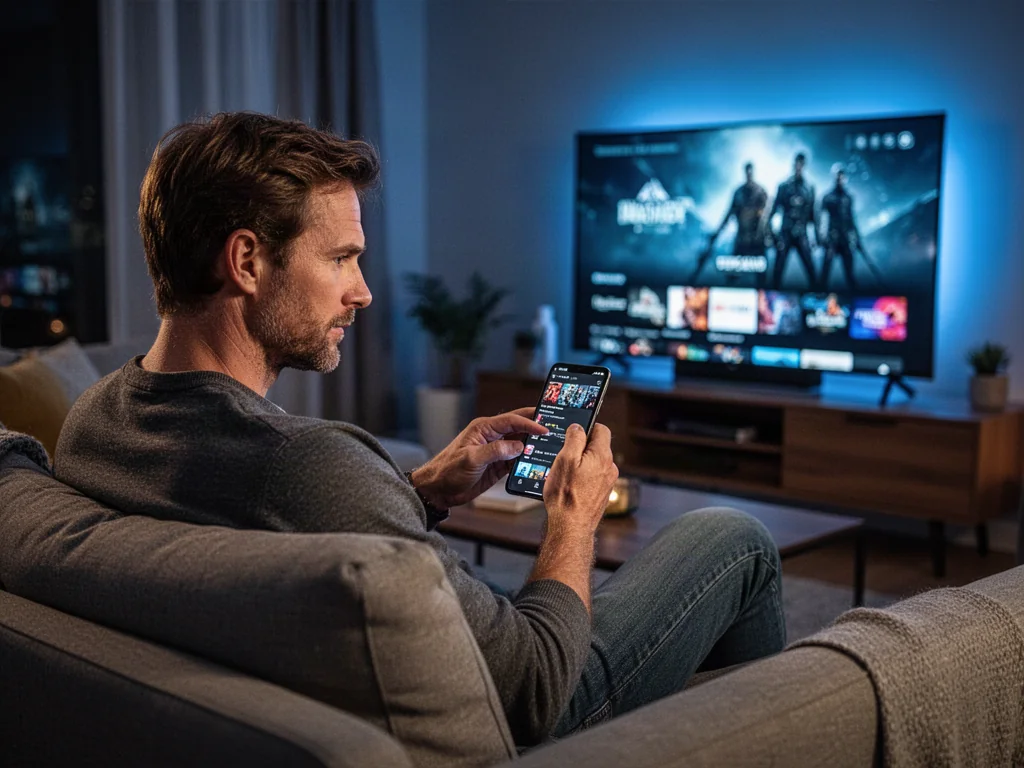 Mężczyzna siedzący na kanapie korzysta ze smartfona, aby zalogować się do aplikacji streamingowej na telewizorze.