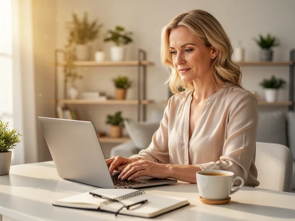 Kobieta pracująca przy laptopie w nowoczesnym domowym biurze, symbolizująca elastyczność pracy w marketingu partnerskim.