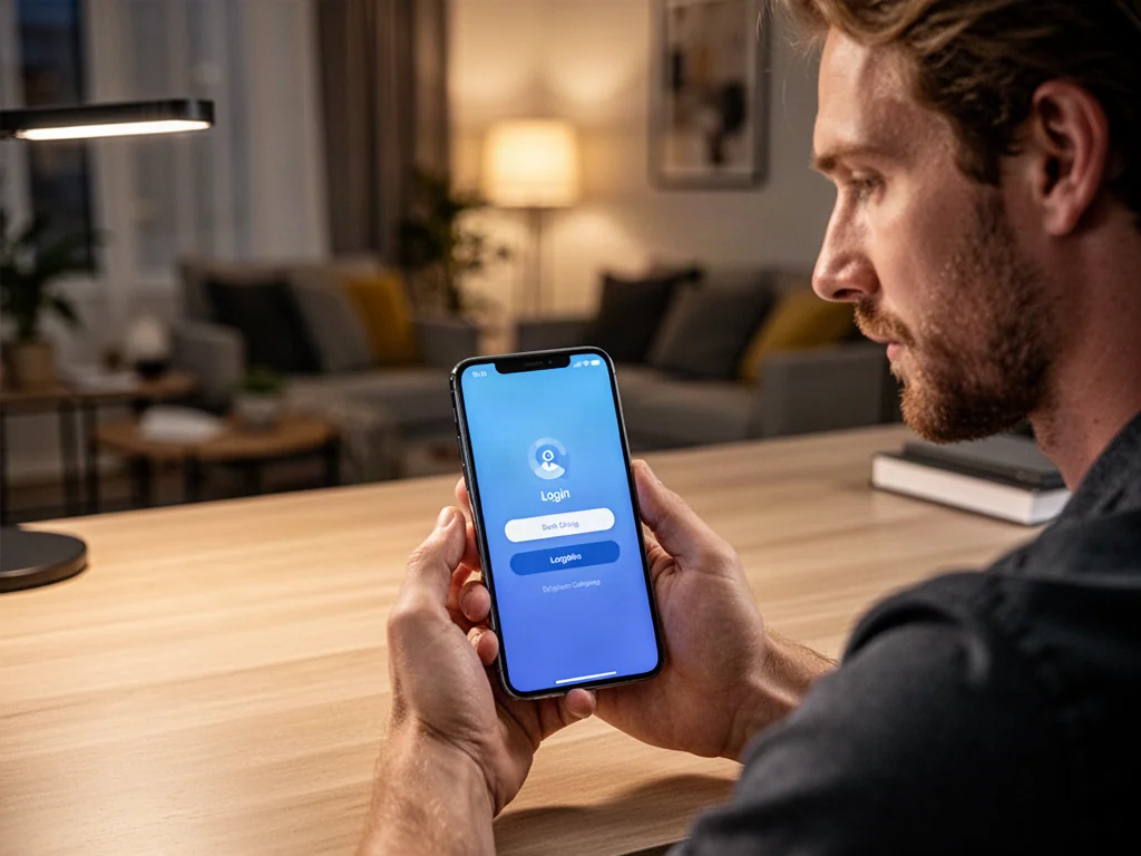 Mężczyzna trzymający smartfon z widocznym ekranem logowania w przytulnym domowym biurze.