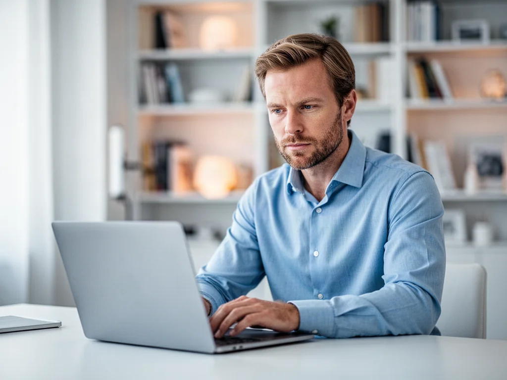 Mężczyzna pracujący przy laptopie w nowoczesnym biurze domowym, symbolizujący wygodne zarządzanie usługami online.