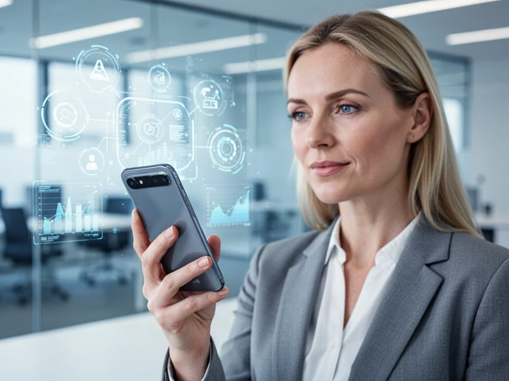 Profesjonalistka w nowoczesnym biurze korzystająca ze smartfona, symbolizująca strategię marketingu mobilnego.