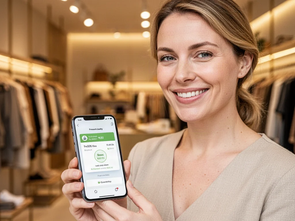 Uśmiechnięta kobieta trzymająca smartfon z cyfrową kartą lojalnościową w przytulnym butiku.