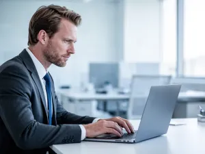 Kobieta pracująca przy laptopie w nowoczesnym domowym biurze, skupiona na obsłudze panelu klienta.