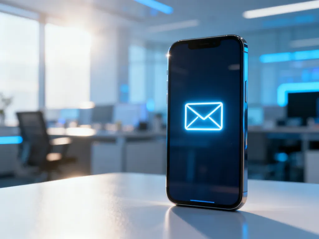 Nowoczesny smartfon z ikoną otwartej wiadomości e-mail, symbolizujący analizę współczynnika otwarć w kampaniach mailingowych.