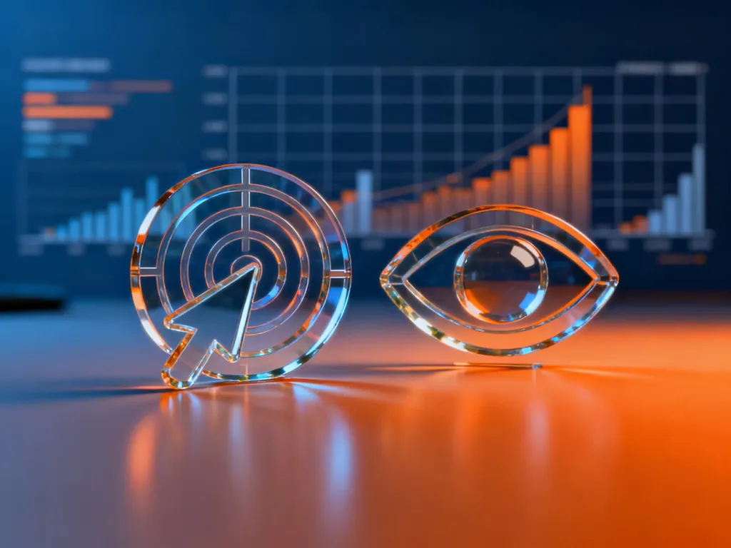 Trójwymiarowe ikony kursora i oka na tle wykresów, symbolizujące różnice między modelami rozliczeń CPC i CPM w marketingu.