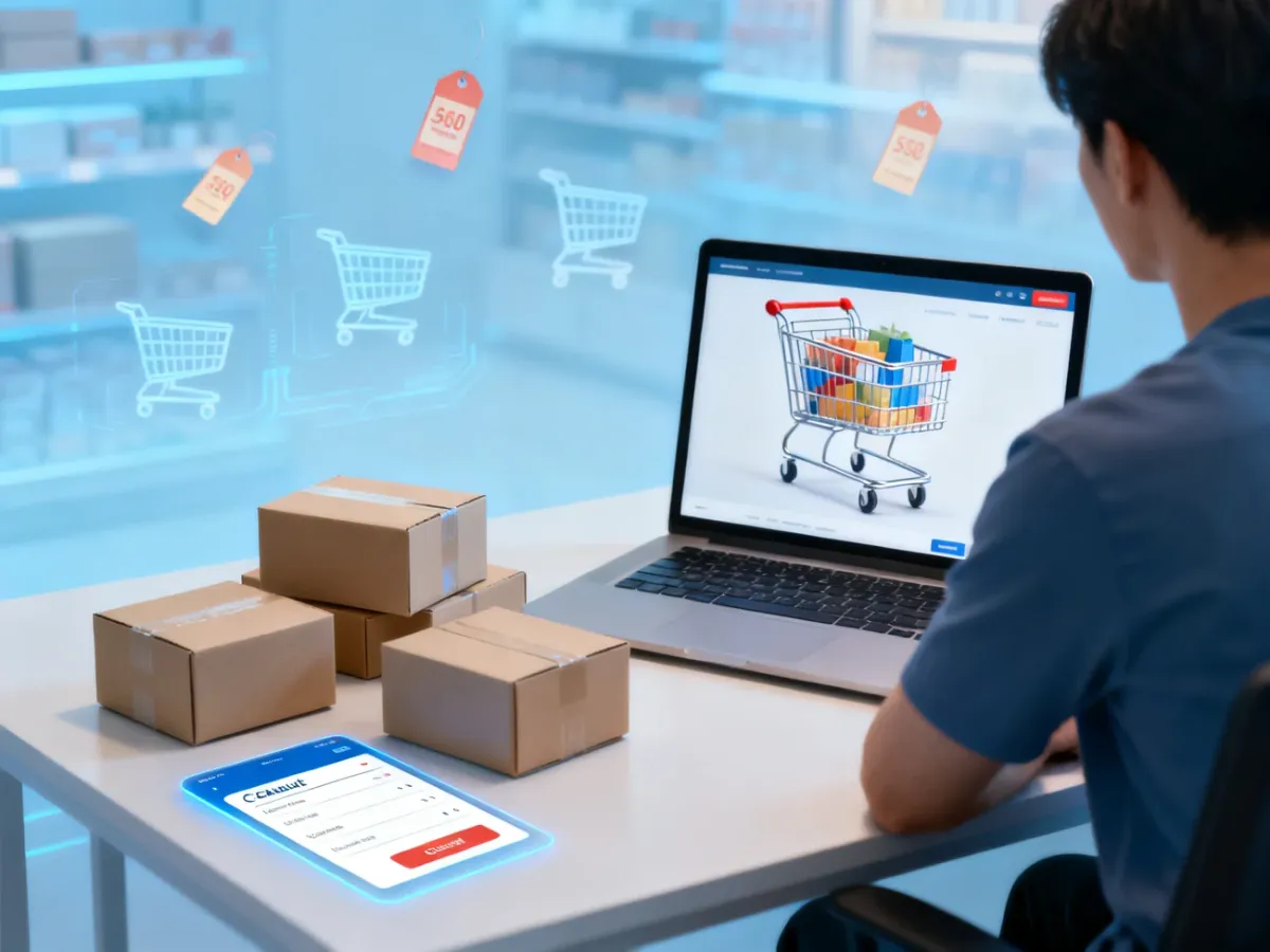 Klient przeglądający pełny koszyk zakupowy online na laptopie