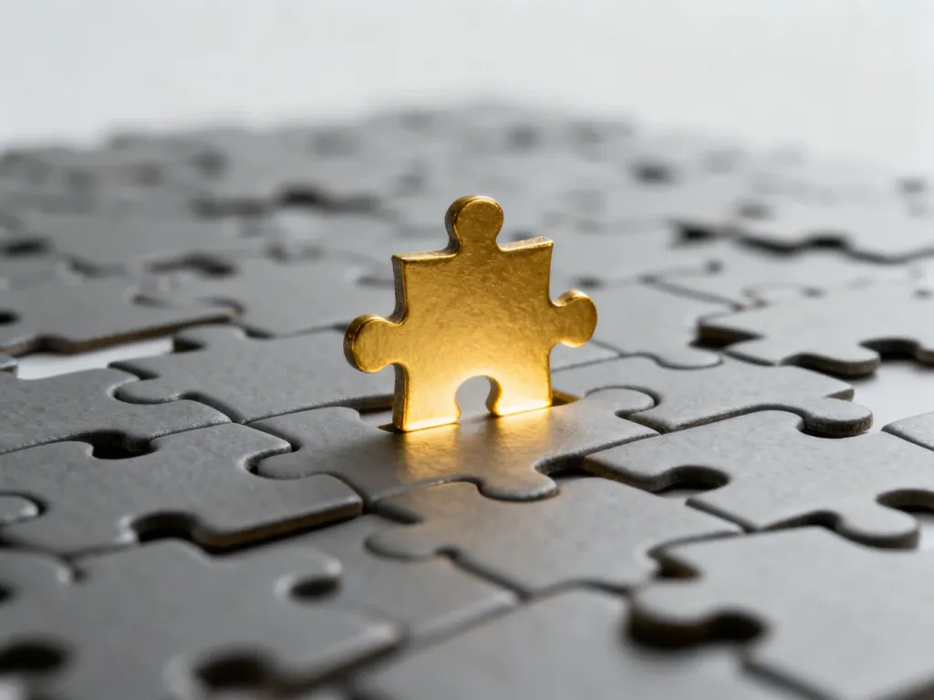 Złoty element układanki wyróżniający się na tle szarych puzzli, symbolizujący unikalną wartość oferty (USP).