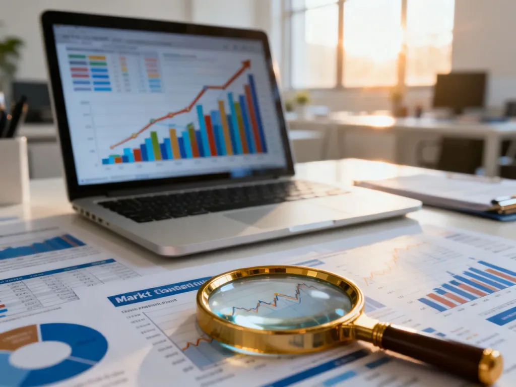 Nowoczesne biurko z laptopem wyświetlającym wykresy analityczne oraz lupą nad raportem rynkowym, symbolizujące benchmarking.