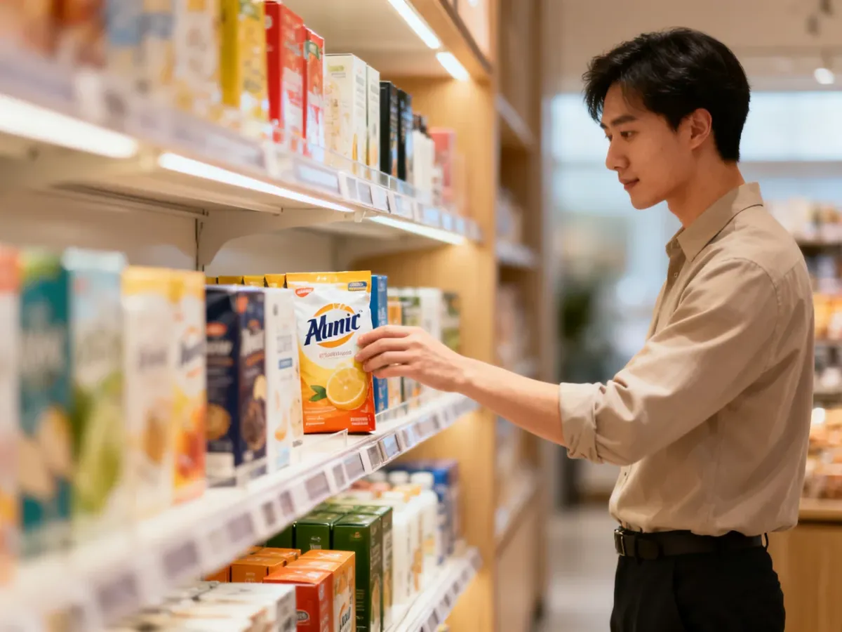 Konsument wybierający znaną markę spośród produktów konkurencyjnych
