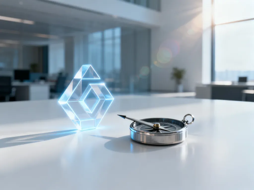 Metalowy kompas wskazujący na świecącą bryłę geometryczną, symbolizujący precyzyjne wyznaczanie kierunku pozycjonowania marki.
