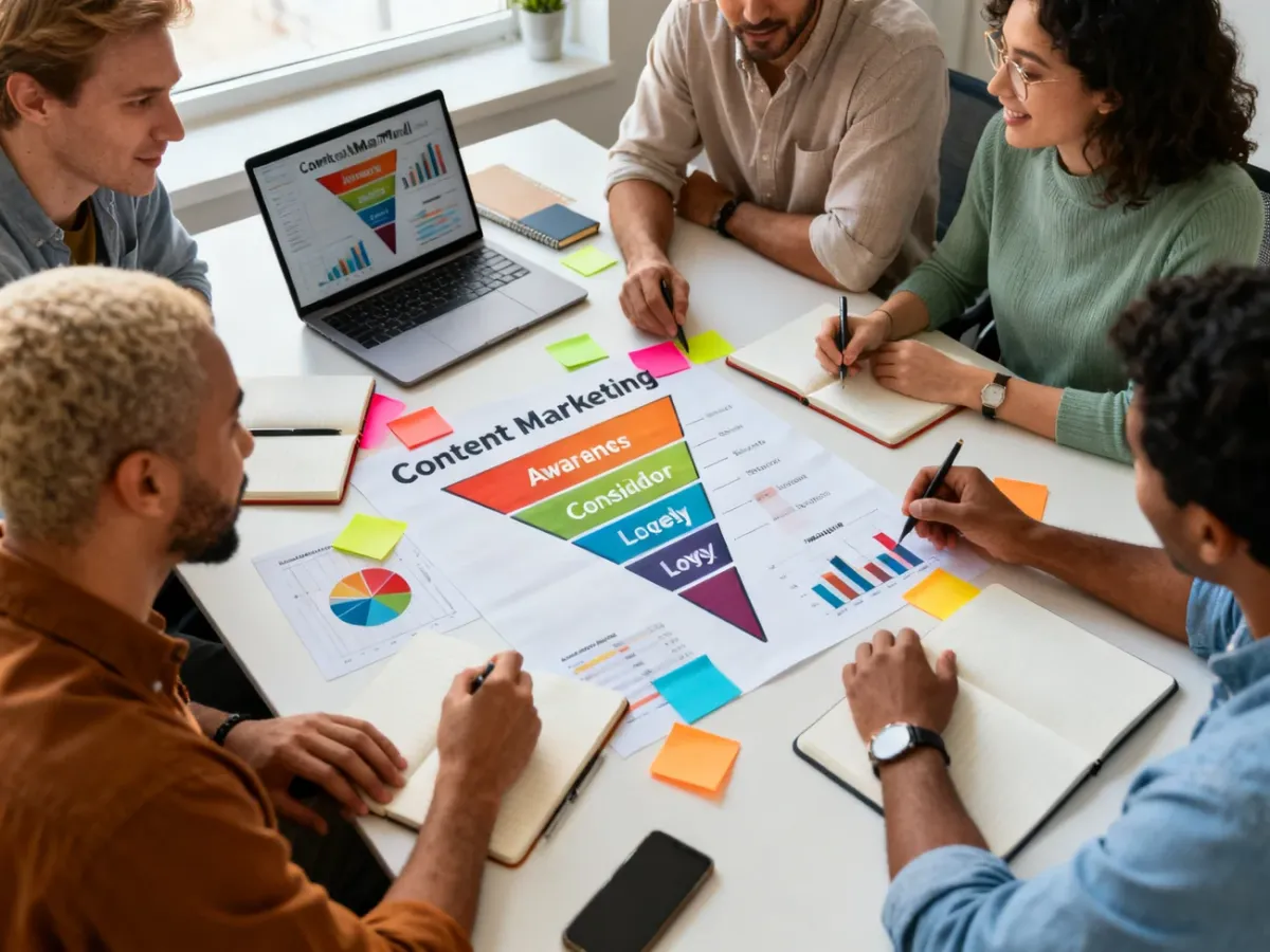 Zespół marketingowy planujący strategię treści i lejek marketingowy