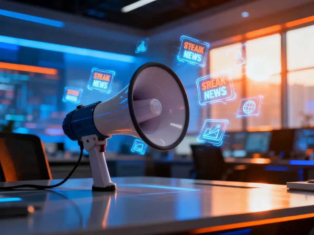 Stylizowany megafon na biurku otoczony hologramami wiadomości, symbolizujący wykorzystanie aktualnych trendów w marketingu.