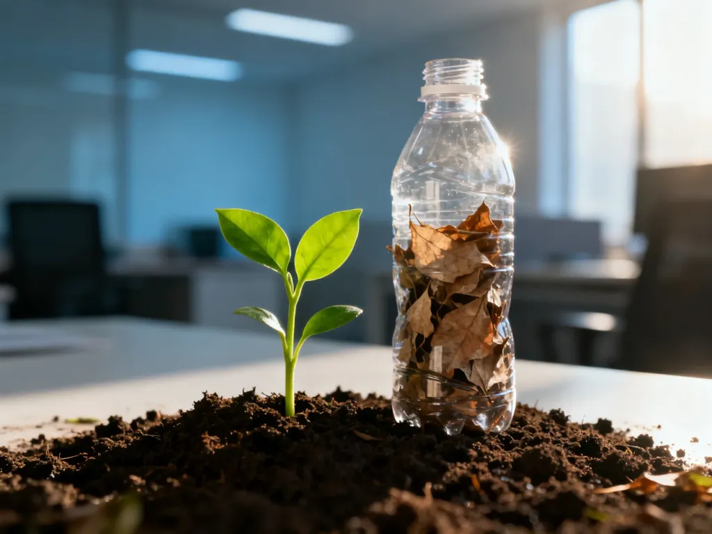 Porównanie uschniętych liści w plastikowej butelce z żywą rośliną, symbolizujące kontrast między greenwashingiem a naturą.