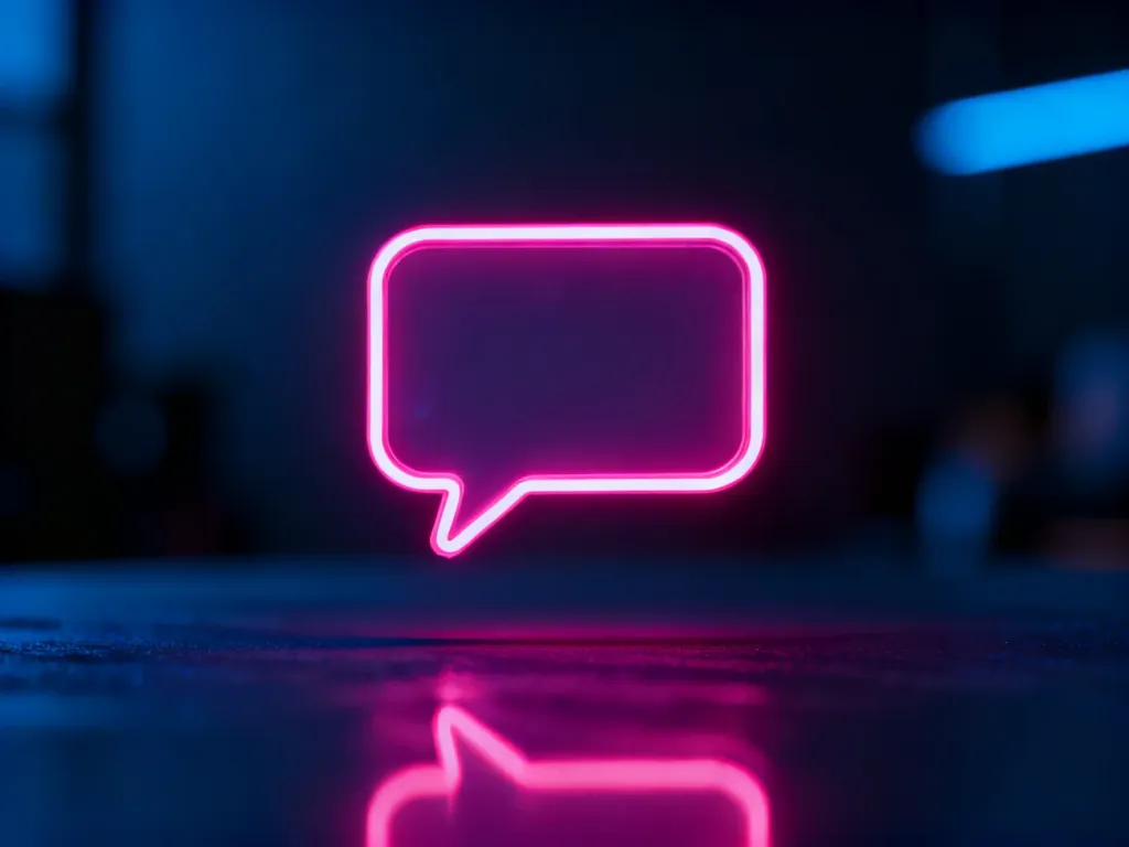Świecący neonowy dymek na ciemnym tle, symbolizujący kreatywne hasło reklamowe i nowoczesną komunikację marki.